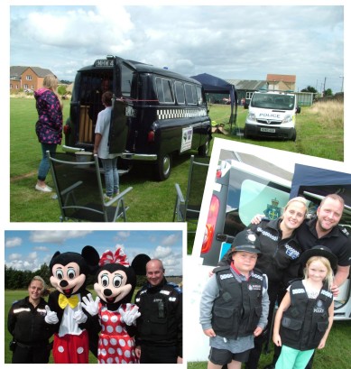 South Moor Police Neighbourhood Team with the police vehicles, Mickey and Minnie Mouse. Five year old Calem Rose and seven year old Lily Richardson pictured with PCSO Lyndsey Hindson and Sgt. Dave Clarke.