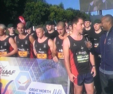 Royal Marines with the IAAF Great North Run Banner and Colin Jackson