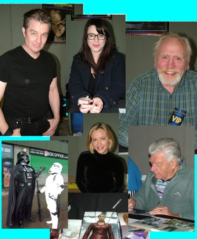 Clockwise from top James Marsden, Eve Myles, James Cosmo, Dave Prowse, Kristanna Loken and Darth Vader keeping the rain away.