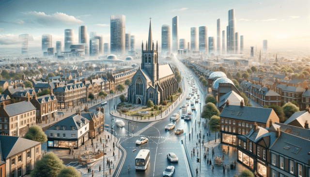 An AI-created image envisioning the town of Consett in the year 2030, seamlessly blending modern advancements and futuristic elements into its existing urban landscape.