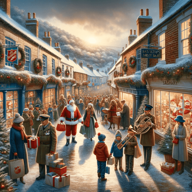 Blackhill - A bustling Christmas street scene on a hill, with quaint shops adorned with festive decorations, sparkling lights, and wreaths. Shoppers carrying gift-min