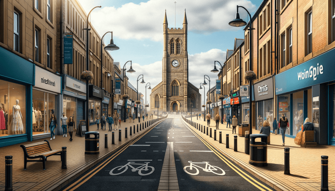 AI-generated image capturing the charm of a pedestrianised street in Consett, with the grandeur of Christ Church beautifully framed at the end.