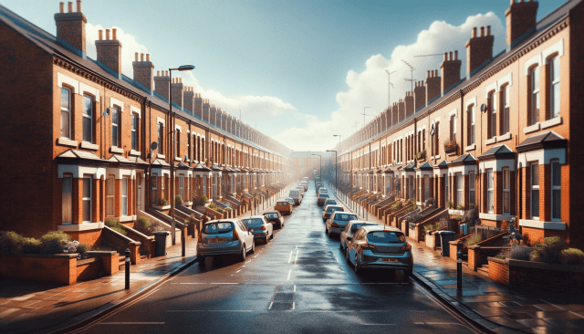 An AI-generated photorealistic depiction of a residential street in Consett, faithfully capturing the essence of the provided photograph.