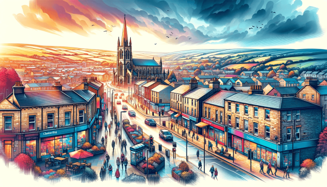 An AI-generated vibrant and detailed cityscape image that masterfully captures the essence of Consett, including a clear view of the town's iconic landmarks.