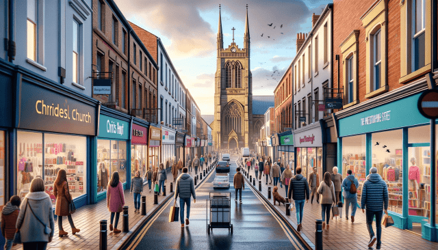 An AI-generated photorealistic reimagining of Middle Street in Consett, capturing the vibrant essence of a bustling pedestrianised area.