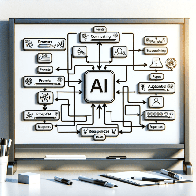 Firefly AI Tools and AI Consulting - A detailed and simple-to-read diagram showing AI automation flow on a whiteboard. The diagram includes a series of action steps.