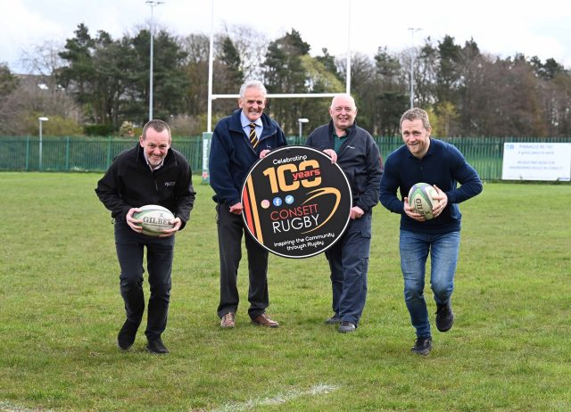 From left to right: Richard Bass, Managing Director at Amethyst Homes; Roy Tyerman, the longest-serving member of Consett RFC; Barry Cook, Chairperson of the Centenary Committee at Consett RFC; and Alex Tait, former English rugby union player for Newcastle Falcons.