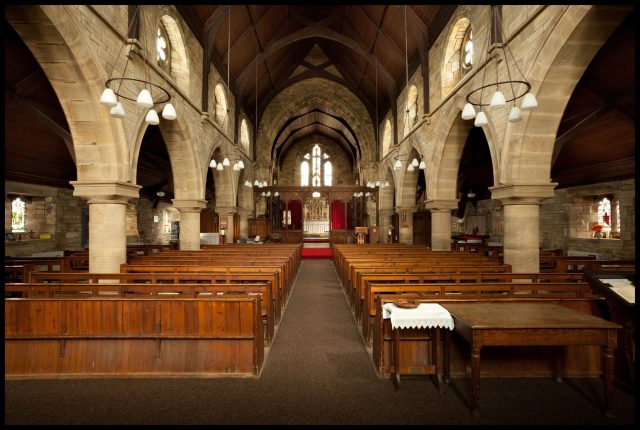 Panoramic view inside St Ives Church, Leadgate: The expansive interior highlights the church's historical architecture and peaceful ambiance