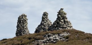 The Three Currocks A closer view of The Three Currocks against the rolling heather hills of Muggleswick Moor.