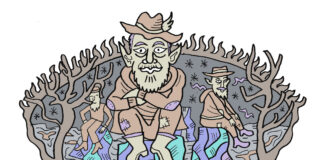 Sitting Stones Illustration by Fr John Bagnall AC, depicting the legendary Sitting Stones of Conside with the elven throng gathered in quiet reflection on the Winter Solstice.