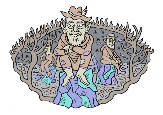 Illustration by Fr John Bagnall AC, depicting the legendary Sitting Stones of Conside with the elven throng gathered in quiet reflection on the Winter Solstice.