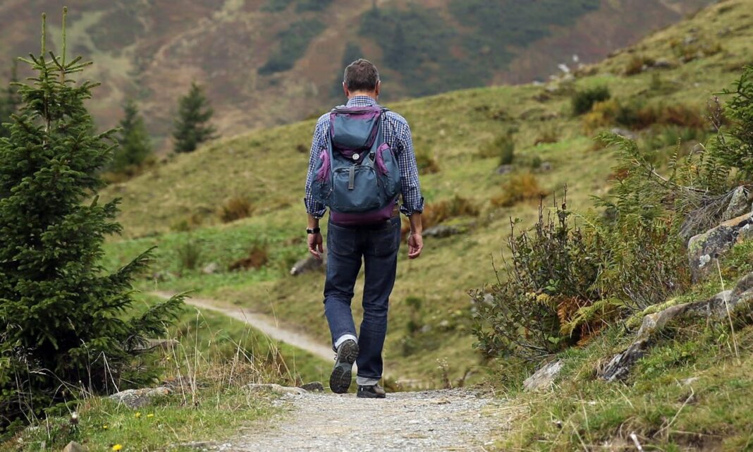 A man with a blue backpack hikes away on a narrow dirt trail through a vast, green mountain landscape.