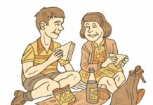 Consett Holidays (1960’s Style) Illustration of two children in 1960s clothing sitting on a blanket eating sandwiches, with a bag of crisps, a bottle of pop and a duffle bag beside them