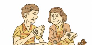 Consett Holidays (1960’s Style) Illustration of two children in 1960s clothing sitting on a blanket eating sandwiches, with a bag of crisps, a bottle of pop and a duffle bag beside them