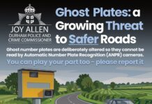 Ghost Plates, a Growing Threat to Safer Roads A Durham Police and Crime Commissioner graphic headed Ghost Plates: a Growing Threat to Safer Roads, showing an illustrated speed camera beside a country road with a car passing, a QR code and reporting details