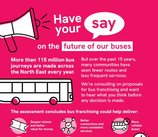 Consett Residents Invited to Have Their Say on the Future of North East Buses North East Mayoral Strategic Authority advert reading "Have your say on the future of our buses", listing simpler tickets, better connections, more reliable buses, one place for travel information and a stronger voice for local people, with the consultation closing at 9am on Monday 28 September 2026