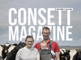September 2026 – Consett Magazine Print Edition The front cover of the September 2026 edition of Consett Magazine, showing the Bradley family with their pedigree Holstein dairy cattle at Langpark, Lanchester