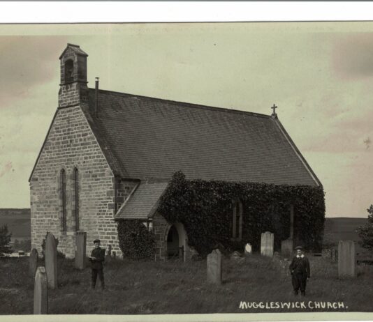 What a Postcard Revealed: the Story of Joseph Thompson Maddison A 1913 black and white postcard photograph of Muggleswick Church, a small stone church with a bellcote and ivy-covered wall, with two men in flat caps standing among the gravestones
