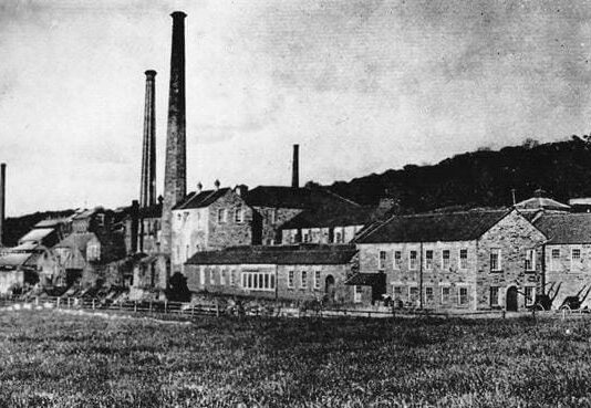 The Paper Mill That Put Shotley Bridge on the Map Black and white historic photograph of Shotley Grove Paper Mill, showing tall brick chimneys and stone mill buildings beside fields