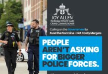 Calling on the Government to Fund the Front Line, Not Costly Mergers A graphic headed Joy Allen, Durham Police and Crime Commissioner, calling on the Government to fund the front line not costly mergers, over a photograph of police officers on a street.