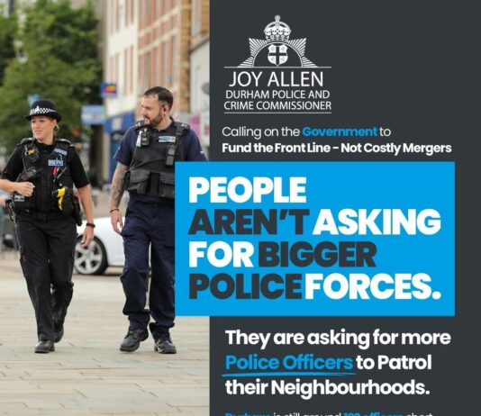 Calling on the Government to Fund the Front Line, Not Costly Mergers A graphic headed Joy Allen, Durham Police and Crime Commissioner, calling on the Government to fund the front line not costly mergers, over a photograph of police officers on a street.