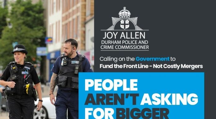 Calling on the Government to Fund the Front Line, Not Costly Mergers A graphic headed Joy Allen, Durham Police and Crime Commissioner, calling on the Government to fund the front line not costly mergers, over a photograph of police officers on a street.